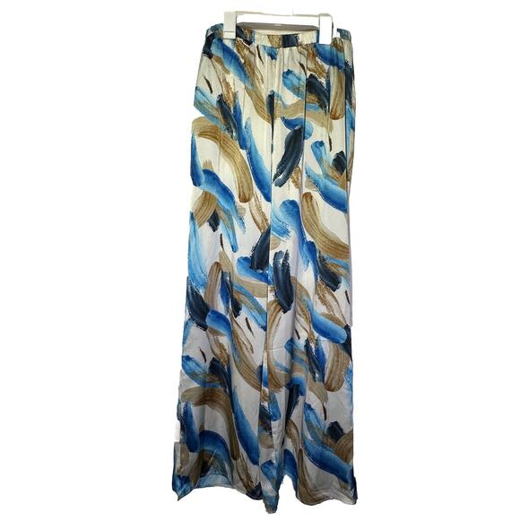 12th Tribe Perla Blue Watercolor Satin Wide Leg Pants Elastic Waist Sz M NWT - Picture 4 of 14